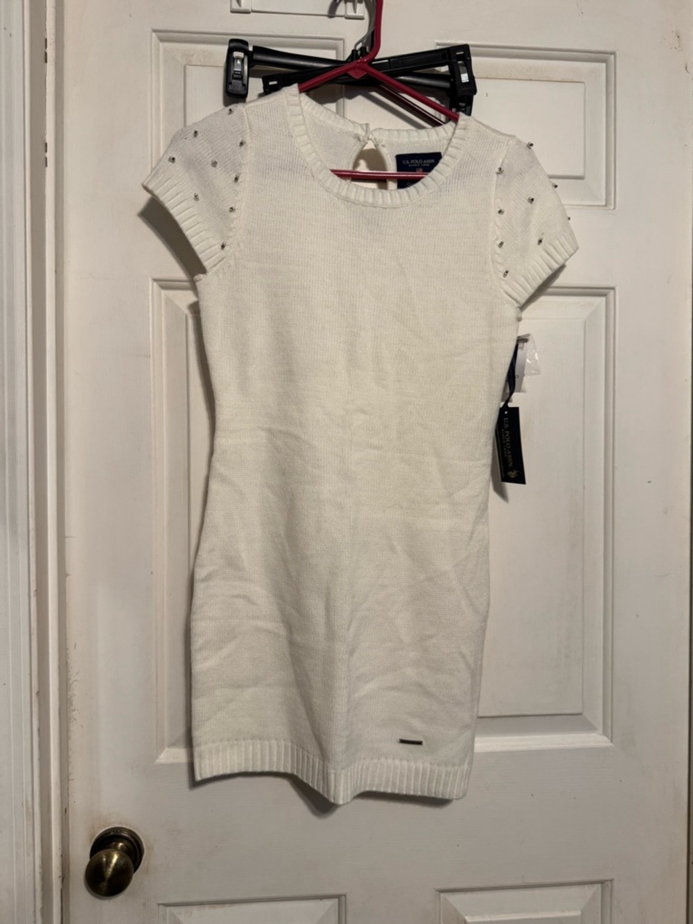 U.S. Polo Assn. White Knit Short-Sleeve Mini Dress with Stud Accents